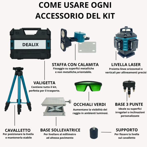 Livella Laser 16 Linee 4D 360° Dealix – Verde Autolivellante con Treppiede e Telecomando | Batteria Ricaricabile | Alta Precisione per Interni ed Esterni
