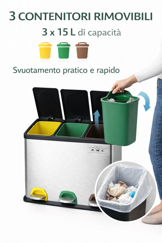 Set Pattumiera Raccolta Differenziata in Metallo 45 LT con Pedale