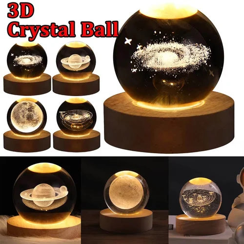 Lampada Notturna 3D Crystal Ball | Sfera in Cristallo con Base in Legno e Luce Calda