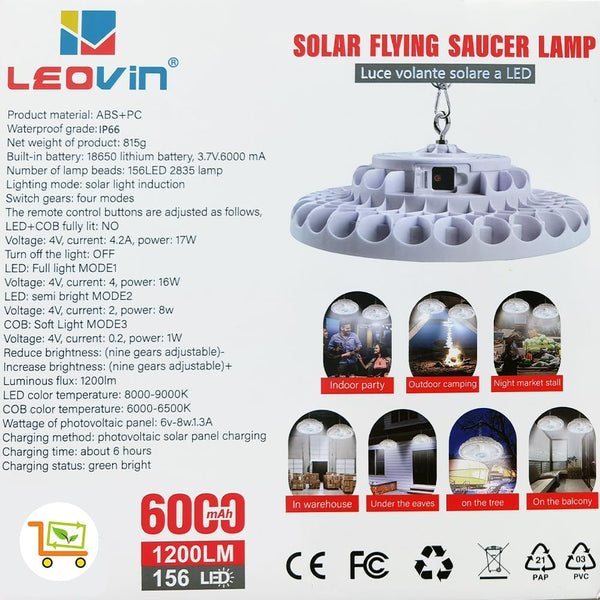 Lampada Solare LED 200W Leovin con Pannello Solare e Telecomando – 156 LED, 1200 Lumen, IP66, 4 Modalità di Luce