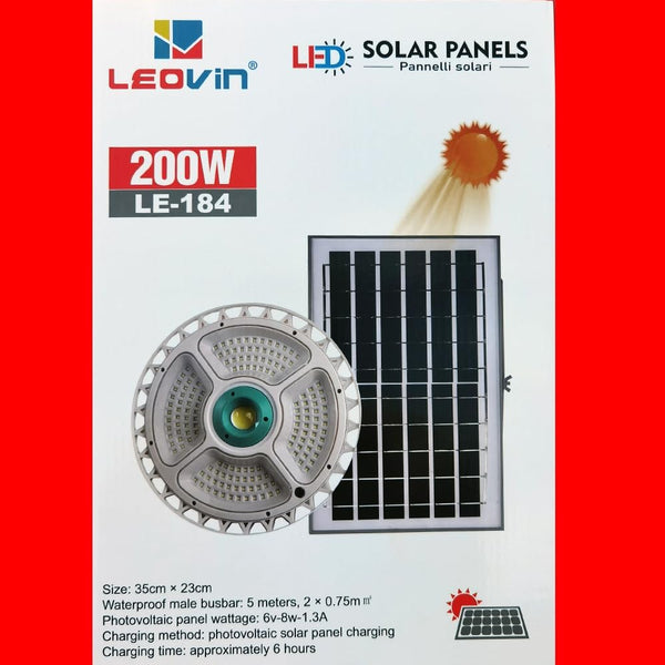 Lampada Solare LED 200W Leovin con Pannello Solare e Telecomando – 156 LED, 1200 Lumen, IP66, 4 Modalità di Luce