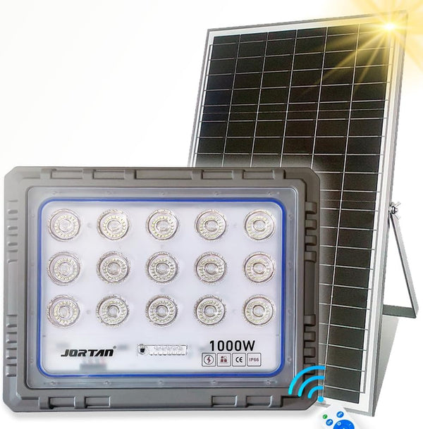 JORTAN Faro Solare 1000W | Pannello Fotovoltaico con Telecomando e Alta Luminosità IP66