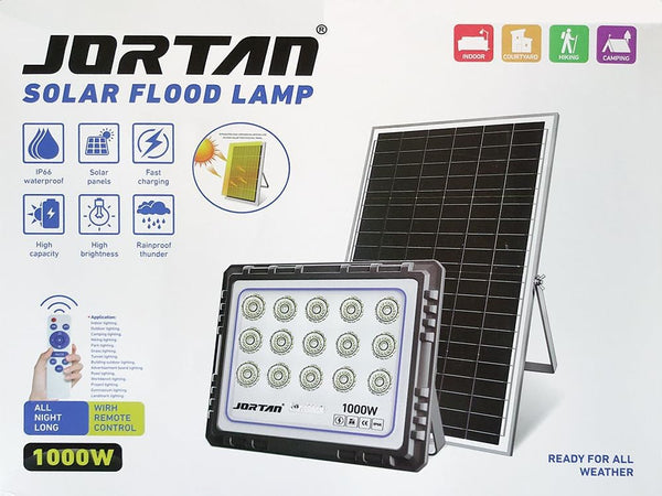 JORTAN Faro Solare 1000W | Pannello Fotovoltaico con Telecomando e Alta Luminosità IP66