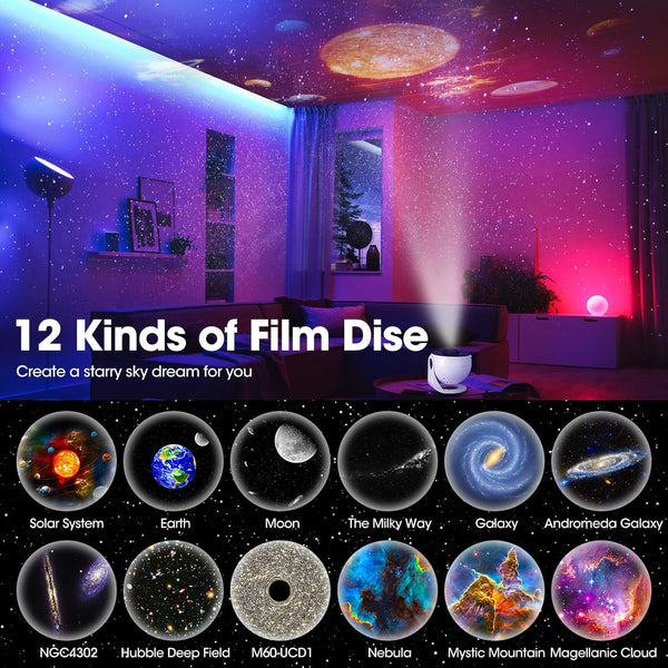 Proiettore Galassia LED 12 Film – Galaxy Projector con 12 Diapositive e Rotazione Silenziosa | Effetto Cielo Stellato Realistico per Camera, Bambini e Relax