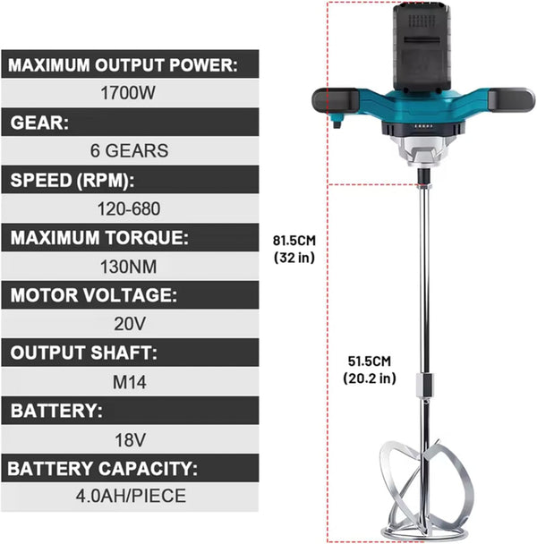 MISCELATORE ELETTRICO A BATTERIA 21V – 2 BATTERIE – MOTORE BRUSHLESS