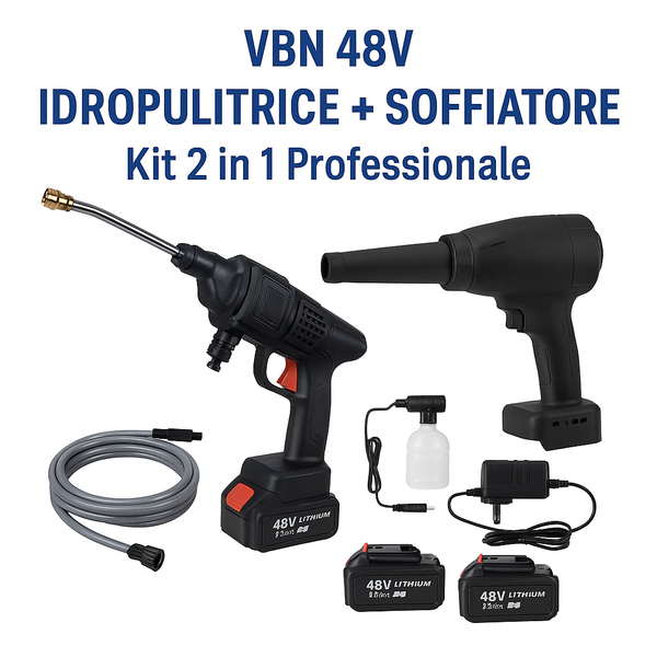 Kit 2 in 1 VBN – Idropulitrice + Soffiatore a Batteria 48V | Alta Pressione 800W | 2 Batterie 48V 14.6Ah | Multifunzione Auto & Giardino