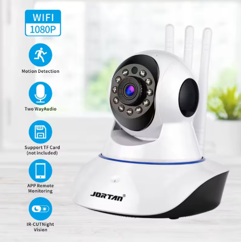 Telecamera WiFi 1080P JORTAN | Visione Notturna, Audio Bidirezionale e Rotazione Panoramica 355° – 3 Antenne WiFi