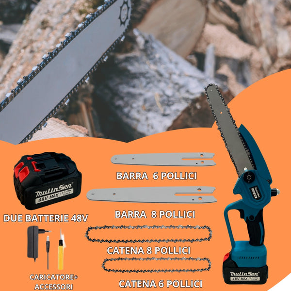 Motosega a Batteria MULINSEN 48V 8” | 400W | Catena Professionale | Taglio Rapido e Preciso | Kit con Valigetta