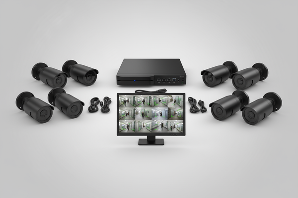 Kit di videosorveglianza AHD completo: otto telecamere di sicurezza nere con supporto, un DVR di registrazione e un monitor, il tutto su uno sfondo chiaro professionale.