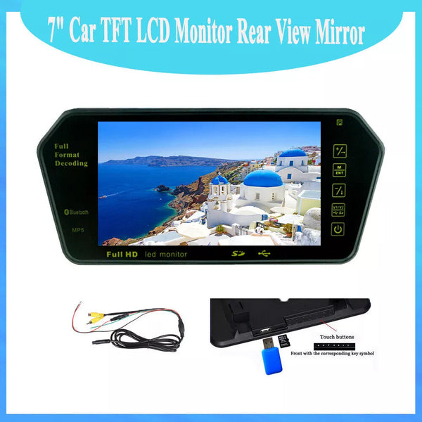 Specchietto Retrovisore con Schermo LCD 7” Full HD | Monitor Retrocamera Auto – Bluetooth, USB, SD, Telecomando