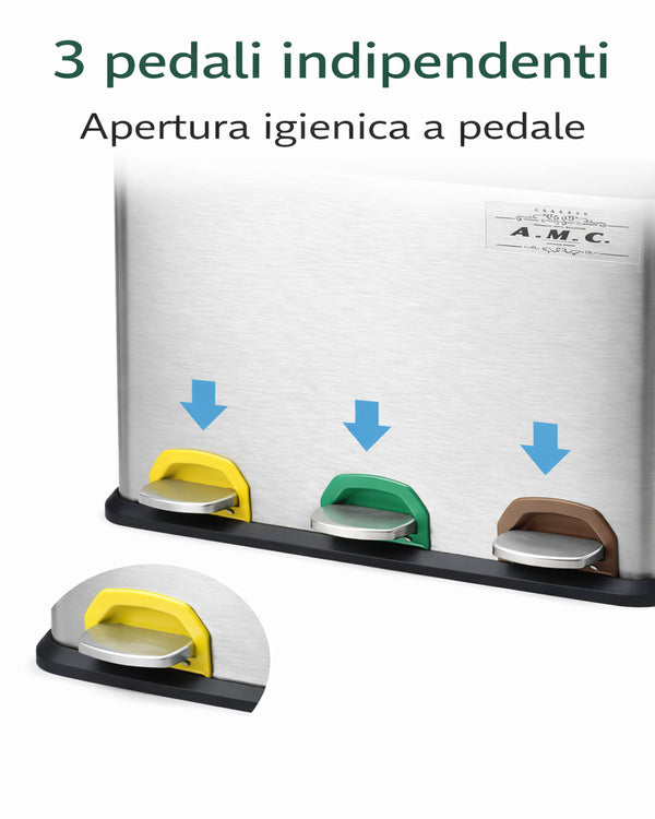 Set Pattumiera Raccolta Differenziata in Metallo 45 LT con Pedale